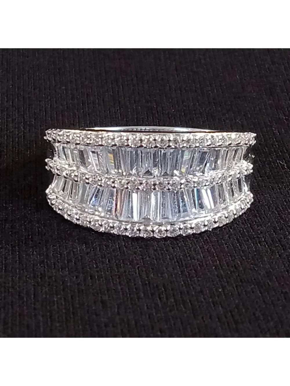 925 Sterling Silver Multi-Row Baguette & Round CZ Statement Ring Size 10